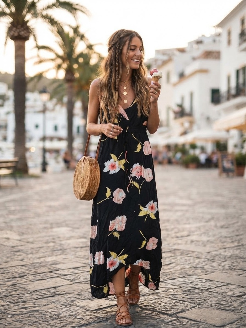 Billabong Black Floral Maxi Dress Cami Sundress Resort Beach Lightweight Boho M